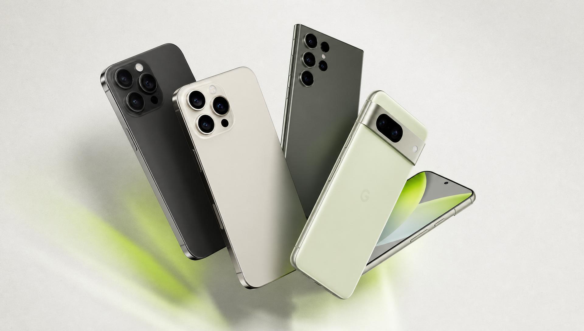 Cellulaires modernes flottants sur un arrière-plan épuré — iPhone, Samsung et Google Pixel disponibles chez BuyCellTrade.
